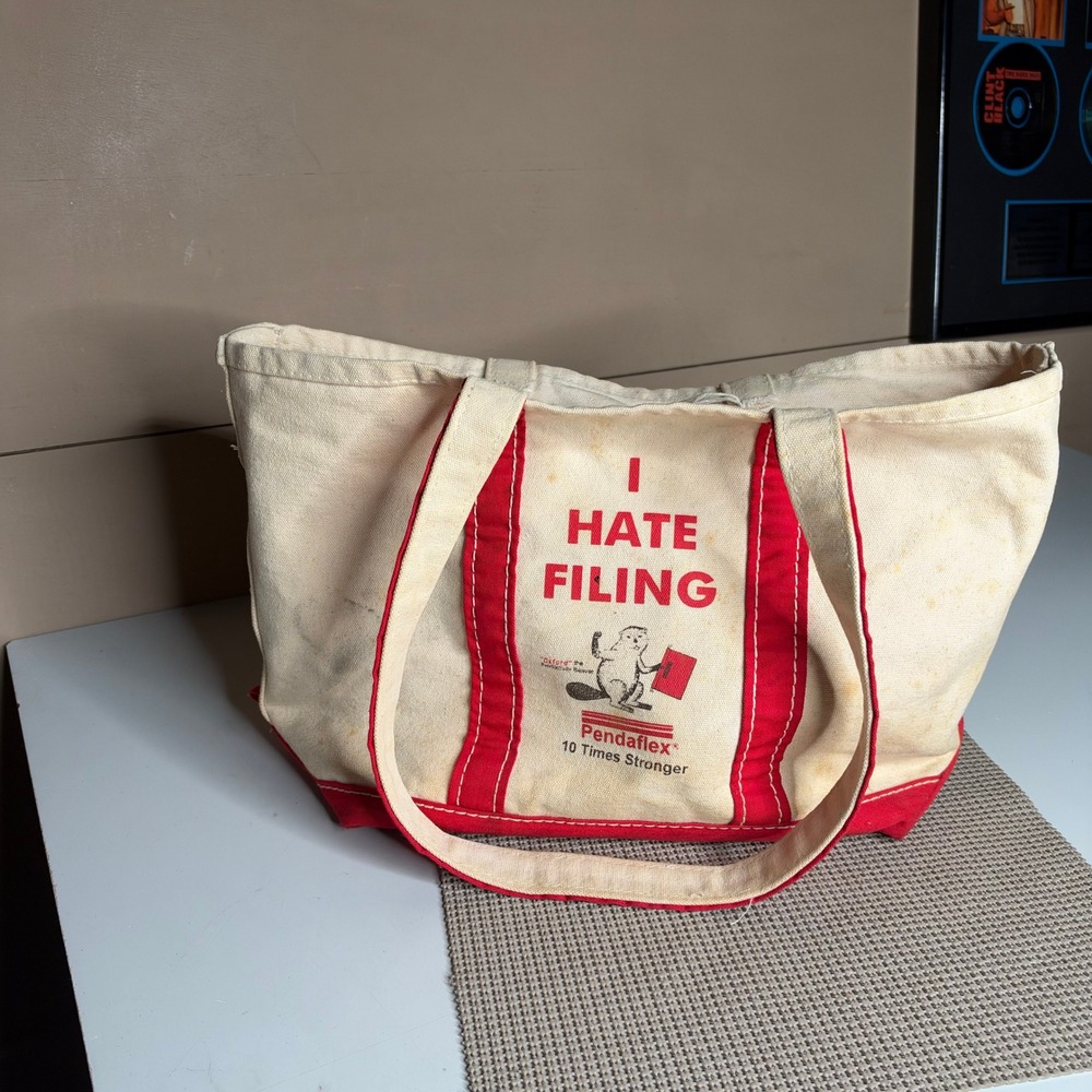 Vintage Pendaflex I Hate Filing Canvas Tote Bag Red White Oxford Beaver Graphic